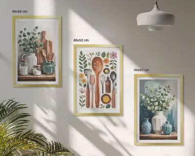 Gerahmtes Bilderset mit Motiven von Küchenaccessoires auf pflanzlicher Basis