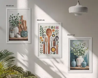 Gerahmtes Bilderset mit Motiven von Küchenaccessoires auf pflanzlicher Basis