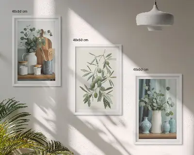 Gerahmtes Bilderset mit grünen Oliven und Eukalyptus