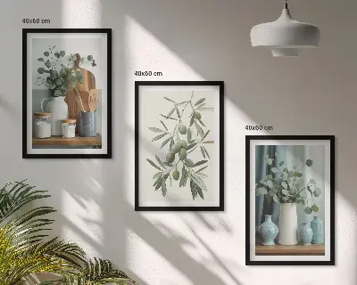 Gerahmtes Bilderset mit grünen Oliven und Eukalyptus