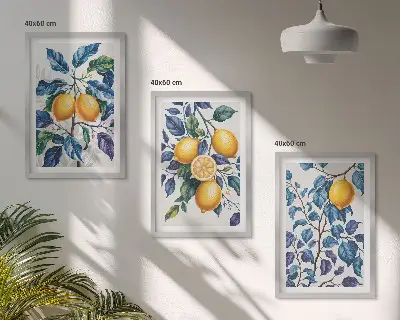 Zitronenzweige mit blauen Blättern 3er-Set Bilder mit Rahmen