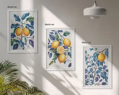 Zitronenzweige mit blauen Blättern 3er-Set Bilder mit Rahmen