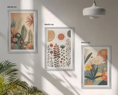 Bilder-Set mit Rahmen, 3-teilig mit Boho-Pflanzenmuster in Naturtönen