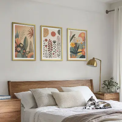 Bilder-Set mit Rahmen, 3-teilig mit Boho-Pflanzenmuster in Naturtönen