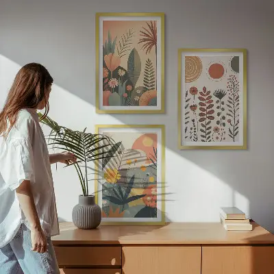 Bilder-Set mit Rahmen, 3-teilig mit Boho-Pflanzenmuster in Naturtönen