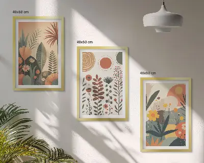 Bilder-Set mit Rahmen, 3-teilig mit Boho-Pflanzenmuster in Naturtönen