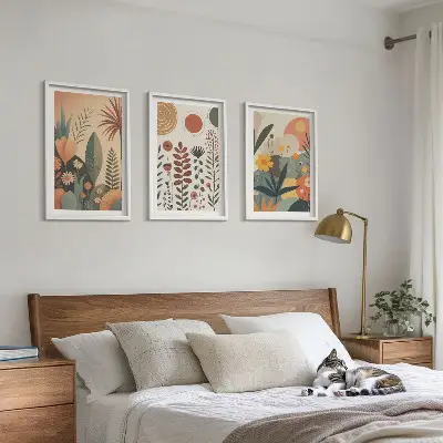 Bilder-Set mit Rahmen, 3-teilig mit Boho-Pflanzenmuster in Naturtönen