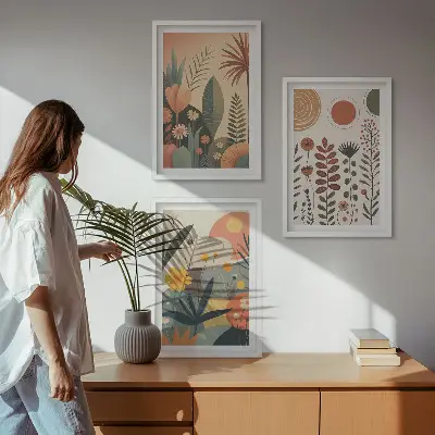 Bilder-Set mit Rahmen, 3-teilig mit Boho-Pflanzenmuster in Naturtönen