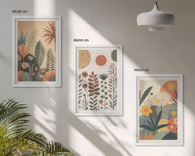 Bilder-Set mit Rahmen, 3-teilig mit Boho-Pflanzenmuster in Naturtönen