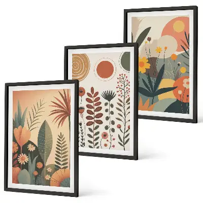 Bilder-Set mit Rahmen, 3-teilig mit Boho-Pflanzenmuster in Naturtönen