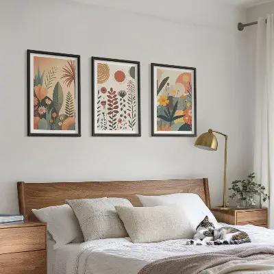 Bilder-Set mit Rahmen, 3-teilig mit Boho-Pflanzenmuster in Naturtönen