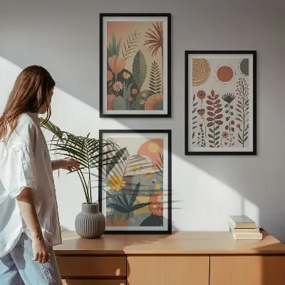 Bilder-Set mit Rahmen, 3-teilig mit Boho-Pflanzenmuster in Naturtönen