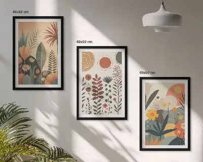 Bilder-Set mit Rahmen, 3-teilig mit Boho-Pflanzenmuster in Naturtönen