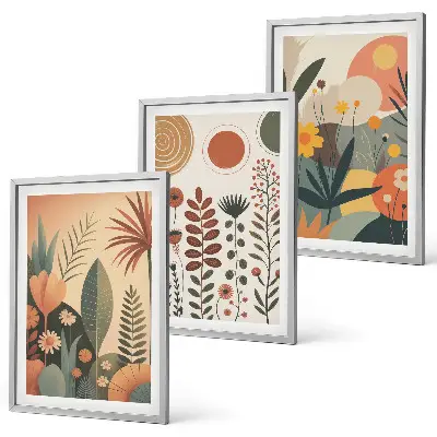 Bilder-Set mit Rahmen, 3-teilig mit Boho-Pflanzenmuster in Naturtönen