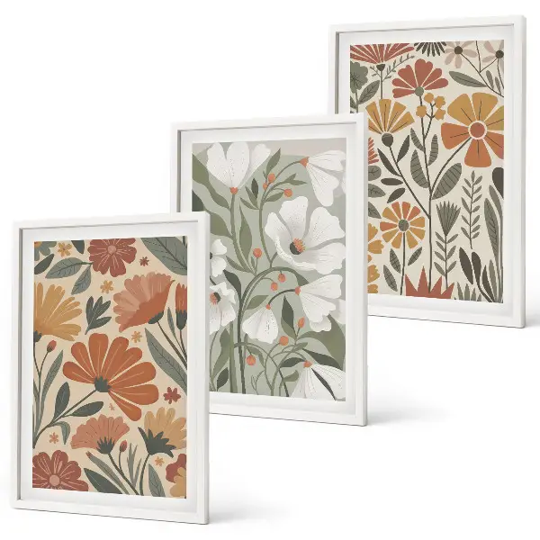 Gerahmtes Bilderset mit Blumenmuster in Orange und Grün