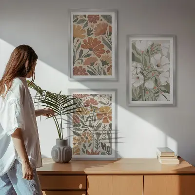 Gerahmtes Bilderset mit Blumenmuster in Orange und Grün
