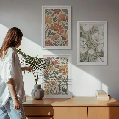 Gerahmtes Bilderset mit Blumenmuster in Orange und Grün