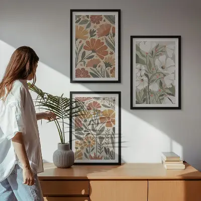 Gerahmtes Bilderset mit Blumenmuster in Orange und Grün