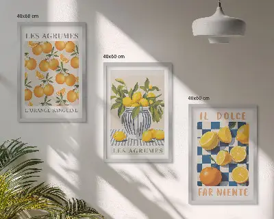 Gerahmtes Bilderset mit retro gelben Zitrusfrüchten