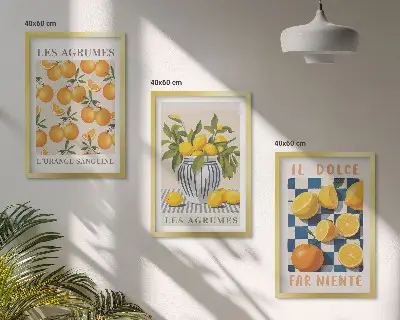 Gerahmtes Bilderset mit retro gelben Zitrusfrüchten
