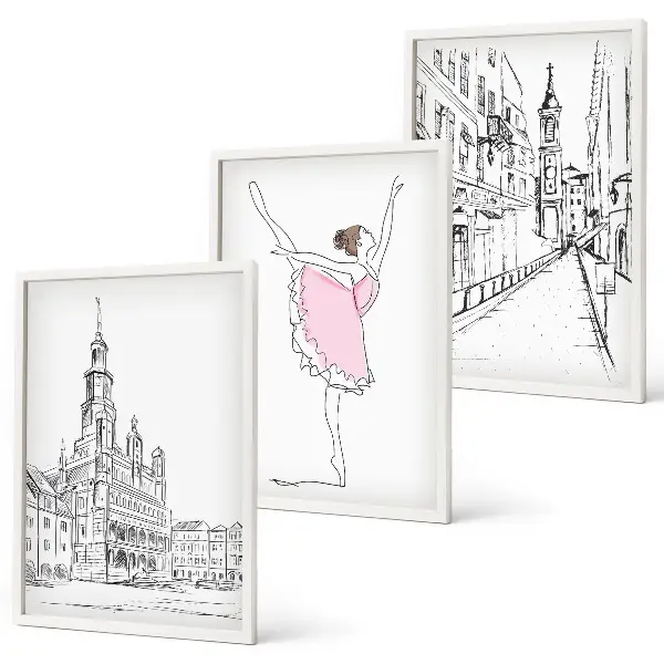 Gerahmtes Bilderset mit Motiv von stilvollen Ballerinen und Architektur