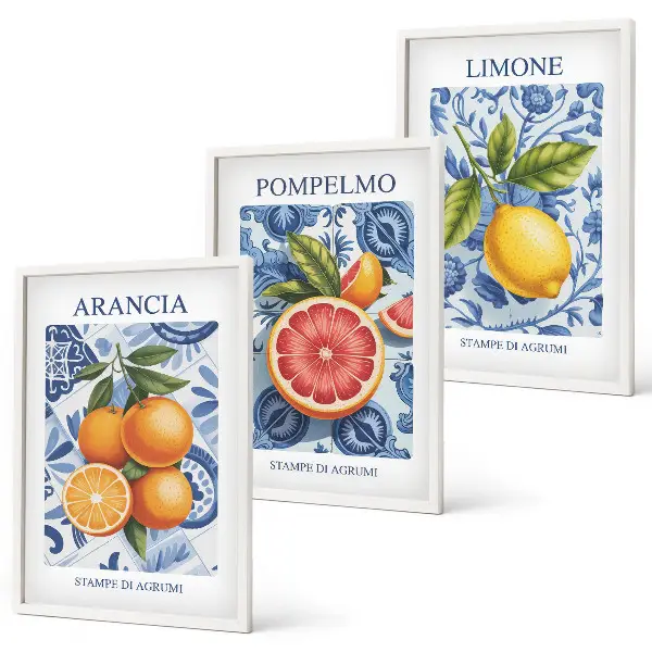 Vintage-Illustrationen von Zitrusfrüchten 3er-Set mit Rahmen