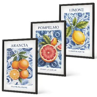 Vintage-Illustrationen von Zitrusfrüchten 3er-Set mit Rahmen