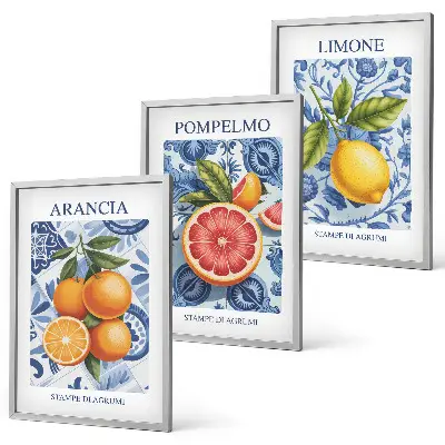 Vintage-Illustrationen von Zitrusfrüchten 3er-Set mit Rahmen