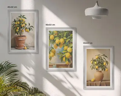 Zitronenbäumchen im Topf und in der Vase 3er-Set Bilder mit Rahmen