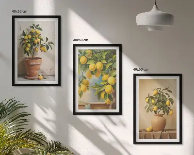 Zitronenbäumchen im Topf und in der Vase 3er-Set Bilder mit Rahmen