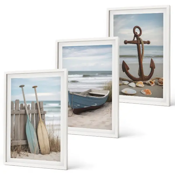 Gerahmtes Bilderset Strand mit Boot und Anker in Sandfarben
