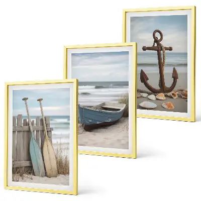 Gerahmtes Bilderset Strand mit Boot und Anker in Sandfarben