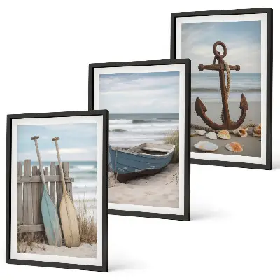 Gerahmtes Bilderset Strand mit Boot und Anker in Sandfarben