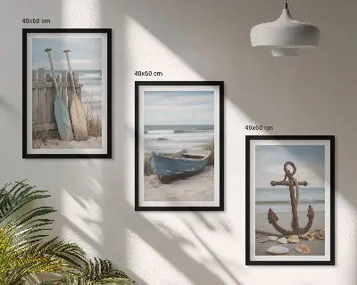 Gerahmtes Bilderset Strand mit Boot und Anker in Sandfarben