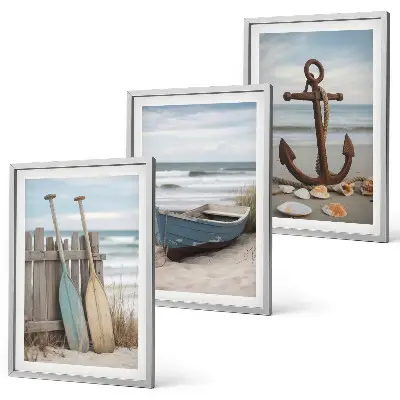 Gerahmtes Bilderset Strand mit Boot und Anker in Sandfarben
