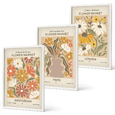 Blumenmuster Amsterdam Paris London 3er-Set Bilder mit Rahmen