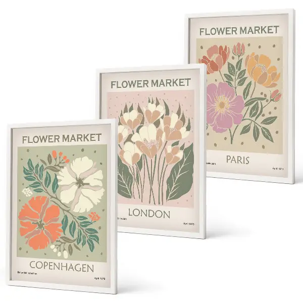 Blumenposter Kopenhagen London Paris 3er-Set mit Rahmen