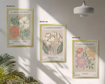 Blumenposter Kopenhagen London Paris 3er-Set mit Rahmen