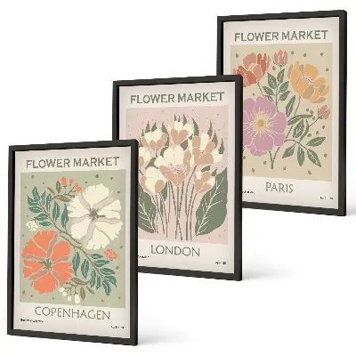 Blumenposter Kopenhagen London Paris 3er-Set mit Rahmen
