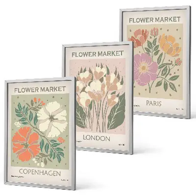 Blumenposter Kopenhagen London Paris 3er-Set mit Rahmen
