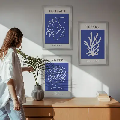 Stilvolle blaue Poster 3er-Set mit Rahmen