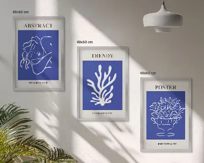 Stilvolle blaue Poster 3er-Set mit Rahmen