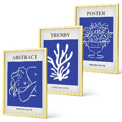 Stilvolle blaue Poster 3er-Set mit Rahmen