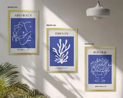 Stilvolle blaue Poster 3er-Set mit Rahmen