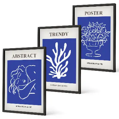 Stilvolle blaue Poster 3er-Set mit Rahmen