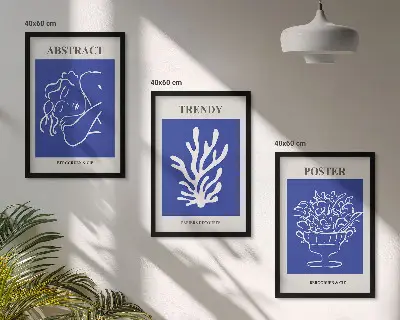 Stilvolle blaue Poster 3er-Set mit Rahmen