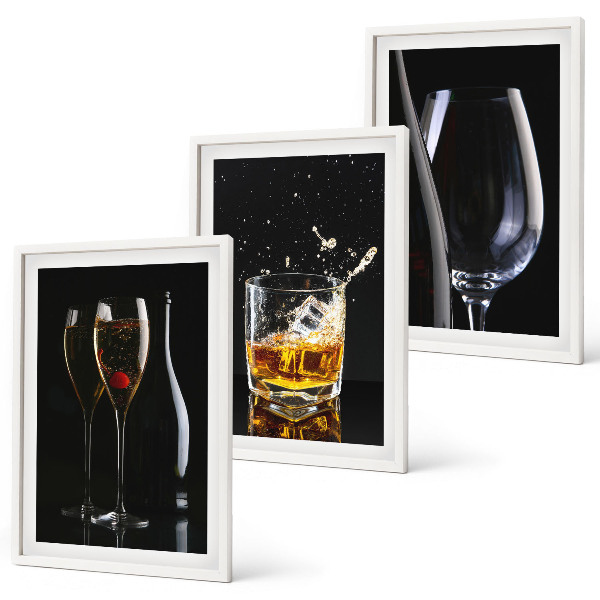 Bilder-3er-set mit rahmen Weingläser und Whiskygläser auf schwarzem Hintergrund