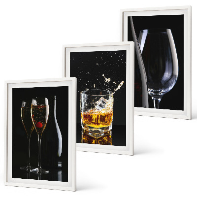 Bilder-3er-set mit rahmen Weingläser und Whiskygläser auf schwarzem Hintergrund