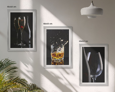 Bilder-3er-set mit rahmen Weingläser und Whiskygläser auf schwarzem Hintergrund
