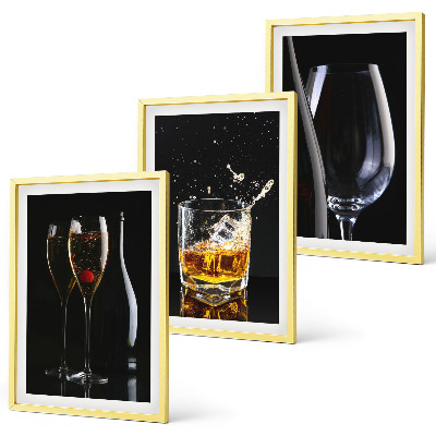 Bilder-3er-set mit rahmen Weingläser und Whiskygläser auf schwarzem Hintergrund